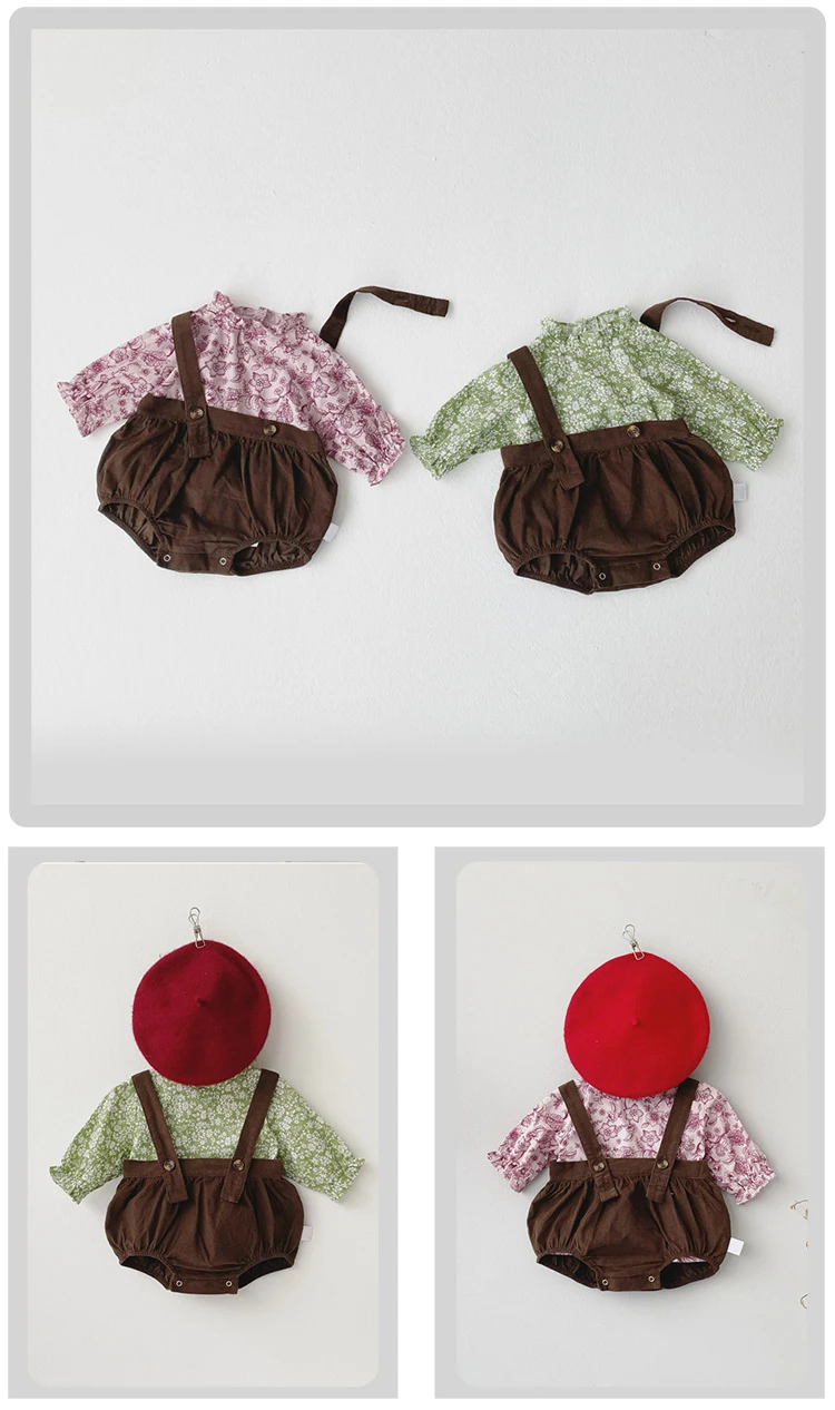 Hot sale fashion floral blouse with red hat baby girl suit 2 pcs 3682