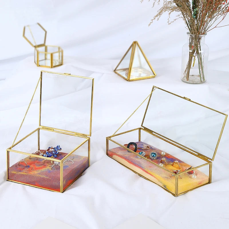 DIGU in Stock Available Jewelry Display Transparent Glass Box with Golden Organizer Box Wholesale Jewelry Packing Boxes