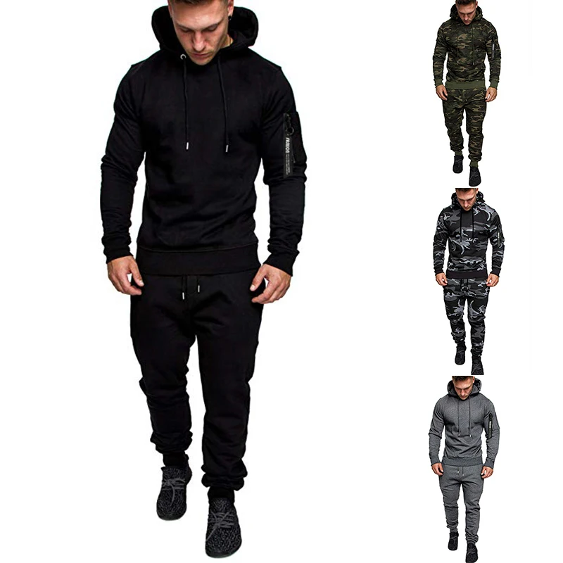 

Spot wholesale casual sportswear multicolor stitching hooded sweatsuit sweater two-piece men