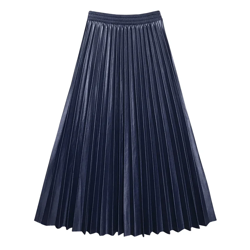 

Women Summer 2021 New Pu Sun Casual Folding Leather Medium Length Black Pleated Skirt