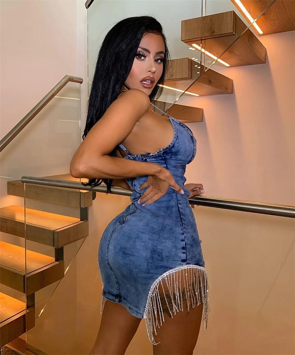 

Ready to ship Hot Fashion Sleeveless Casual Dresses Diamond Fringed Denim Dresses, Blue
