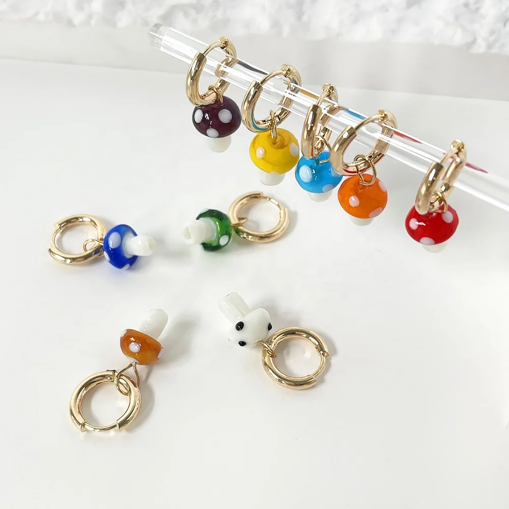 

E0928 women gold plated stainless steel cute mushroom hoop earriing multi color girly hoop earrings huggies jewelry