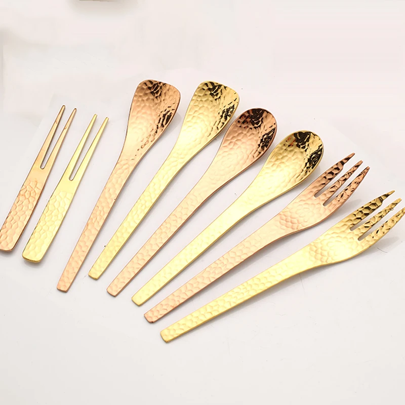 

2022 New Style Mirror Hammered Point Dessert Stainless Steel Salad Espresso Coffee Fruit Ice Cream Spoon Fork Set Teaspoons, Silver,gold,rosegold