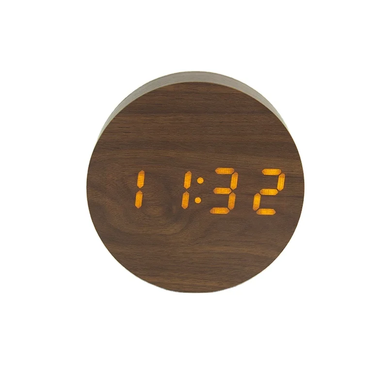round wooden digital LED alarm clock adjustable brightness temperature sound control