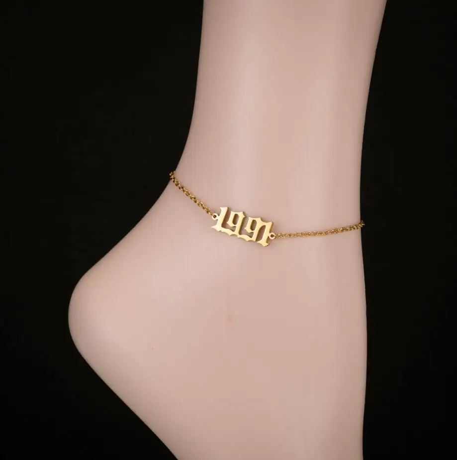 
stainless steel gold plated birth year ankle bracelet,adjustable chain beach anklets foot jewelry anniversary 1980-2020 year 