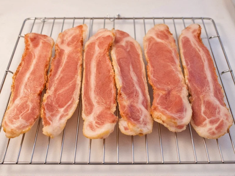 Homemade bacon air-drying on wire rack in refrigerator