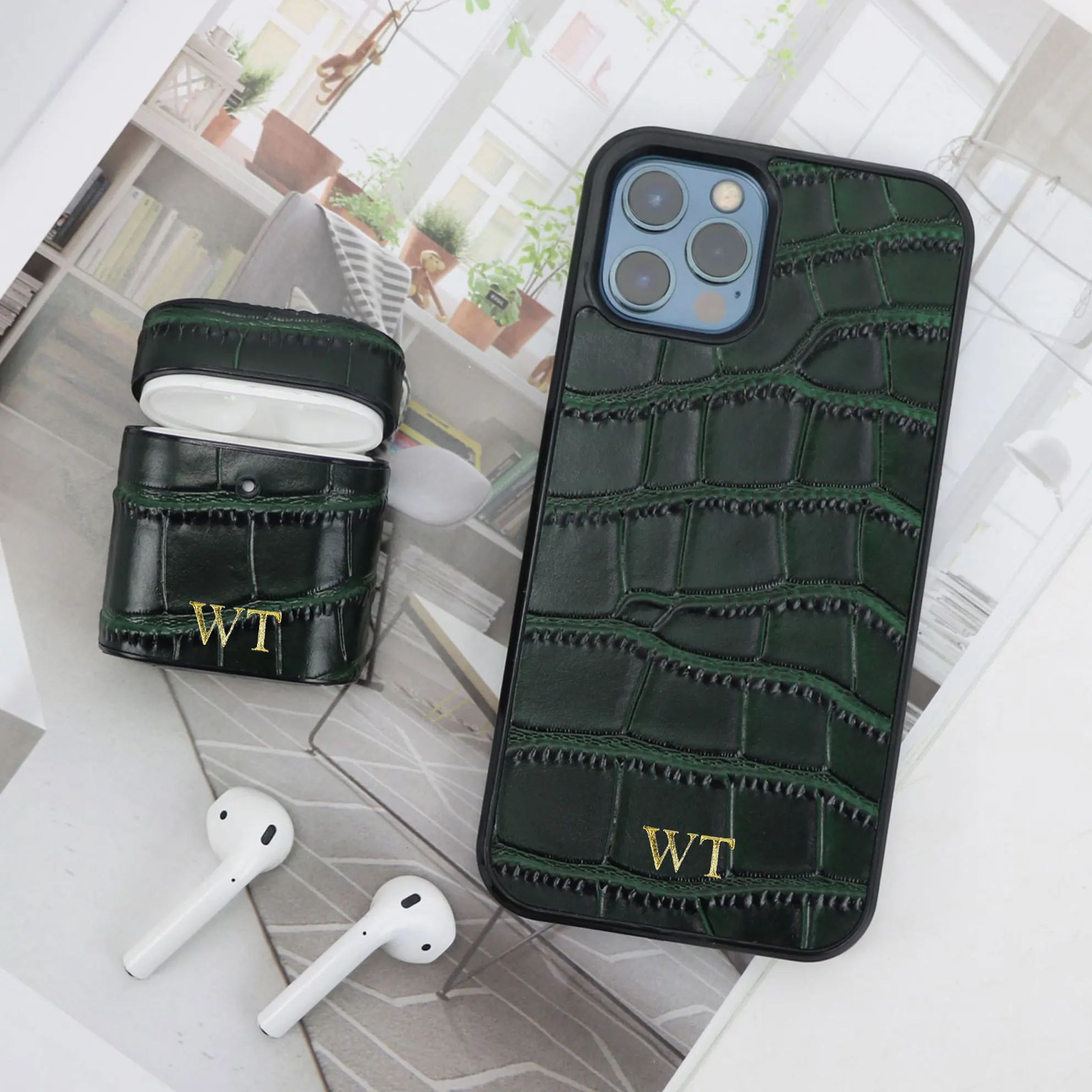 

Luxury crocodile pattern phone case for airpods 1 2 pro protective cover case gift set for iphone