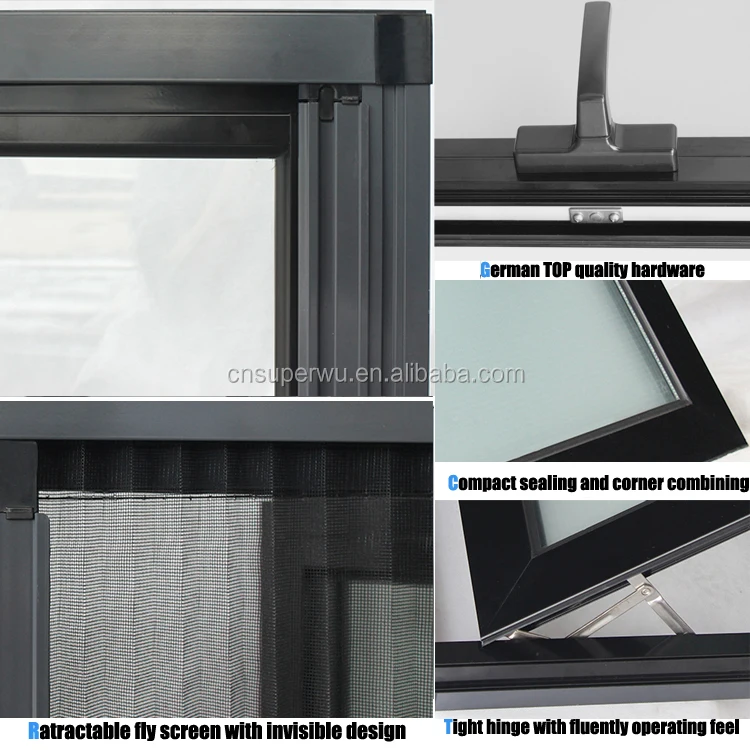 Aluminum black awning window double glazed tempered glass windows with flyscreen