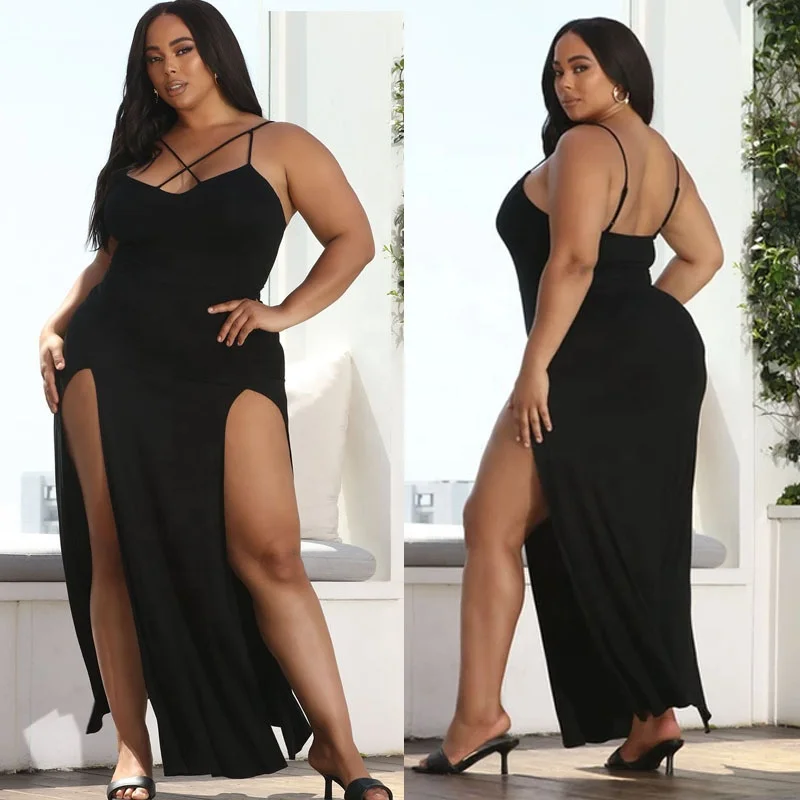 

LW-SC0312 Nightclub plain black split strap women summer plus size midi dresses