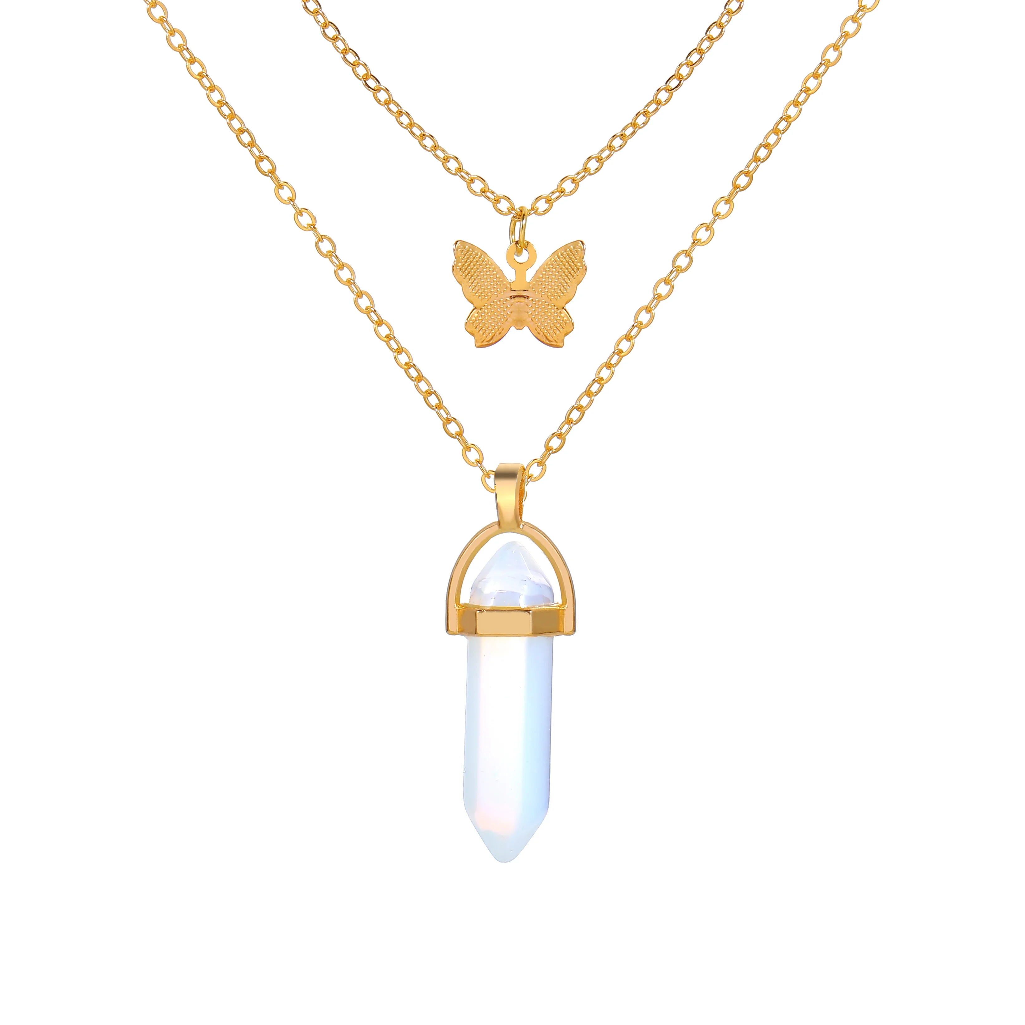 

New Arrivals Acrylic Stone Bullets Pendant Necklace Two Layer Gold Plated Butterfly Charm Necklaces Jewelry For Women