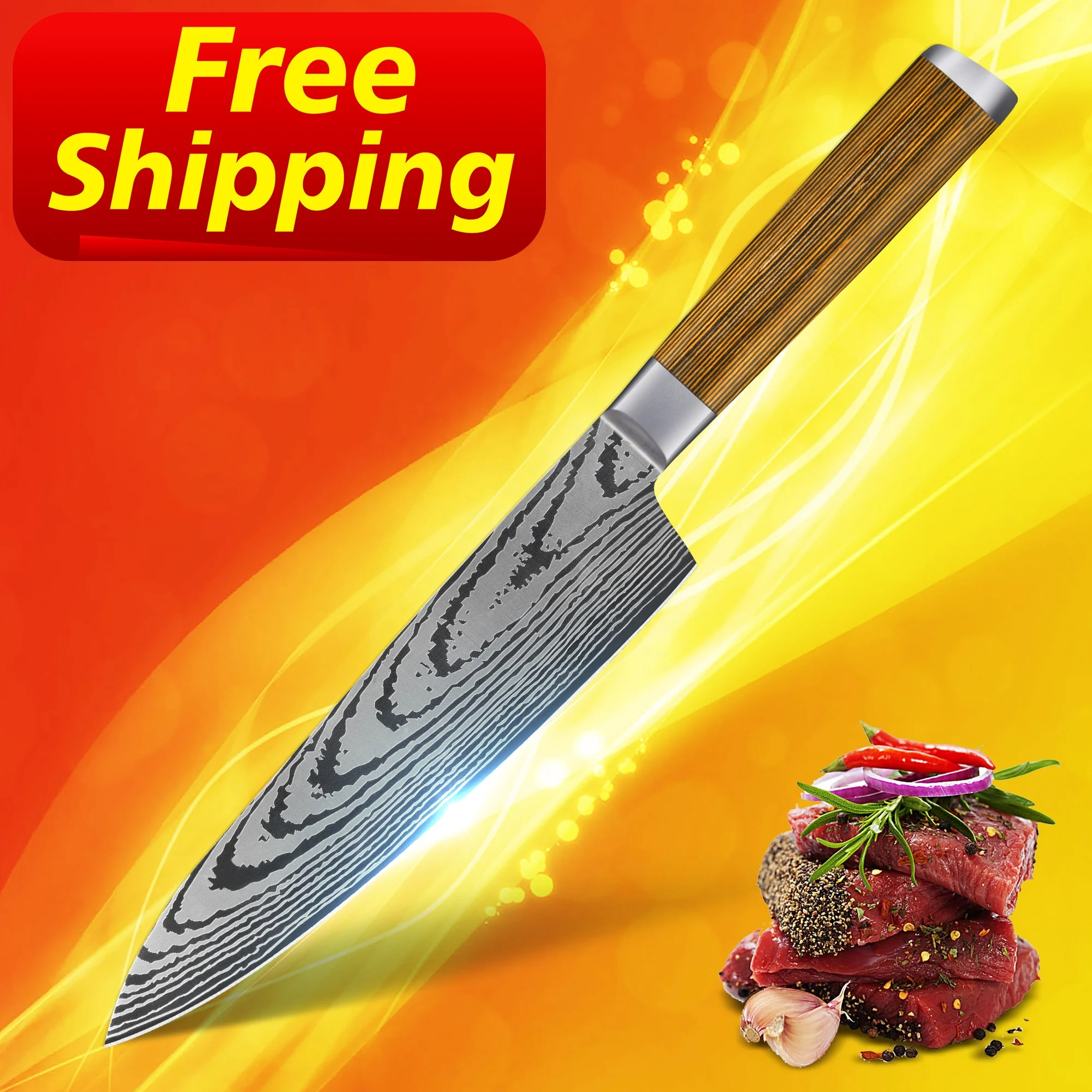 

Free Shipping Yellow Pakka Wood 8 inch set of knives kitchen knife chef cheap damascus chef knife By Skycook, Customized color