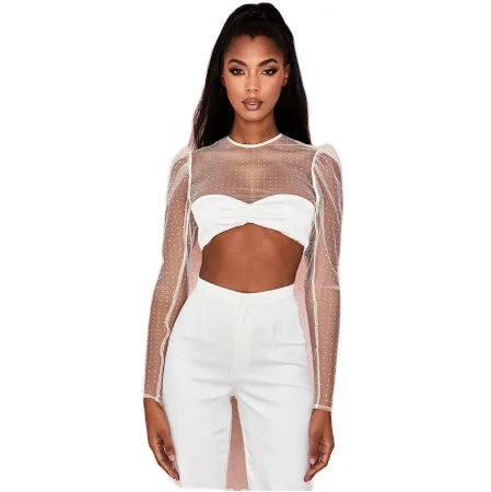 

Mesh See Through Diamonds T-Shirt 2020 Round Collar Patchwork Long Puff Sleeve White Crop Tops Street Club