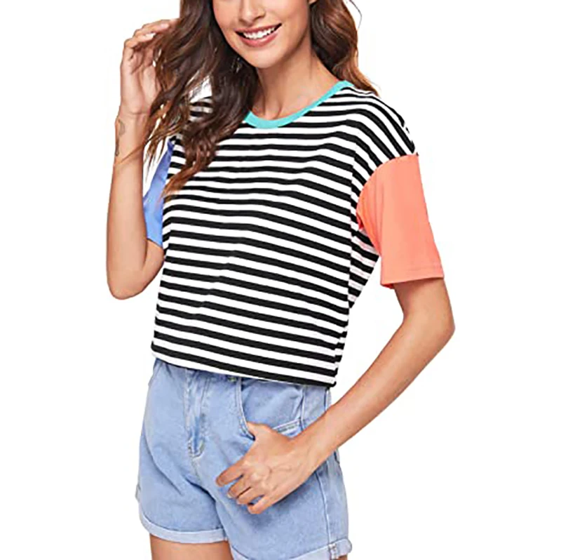 

Summer Fashion T-shirt Patchwork StripeWoman T-Shirt Women Elegant Tops Casual Female T-shirts