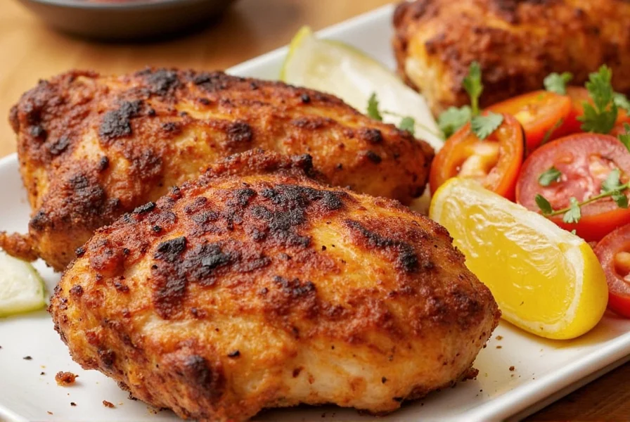 Blackened chicken sizzling in a pan
