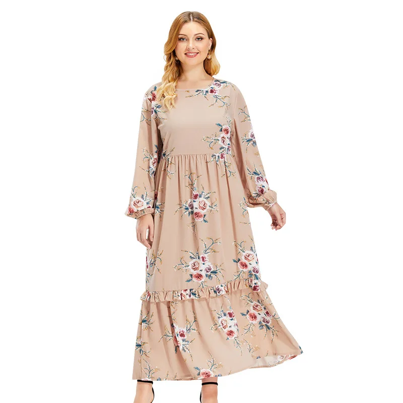 

Real Shot Fat Mm Plus Size Women's Loose Round Neck Stitching Long-sleeved Printing Large-length Dress, Picture