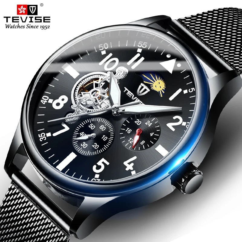 

Tevise Men's moon phase mechanical hollow tourbillon mechanical waterproof luminous watch, 1 colors