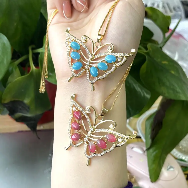 

Top Quality Chinese Agate Jade Big Butterfly Necklace Pendant Charm With Diamond 18K Gold Plated Jewelry Necklaces, Sky blue,green,yellow,pink