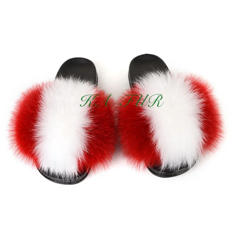 

Custom logo design high quality women fur sandals slippers fox fur slides