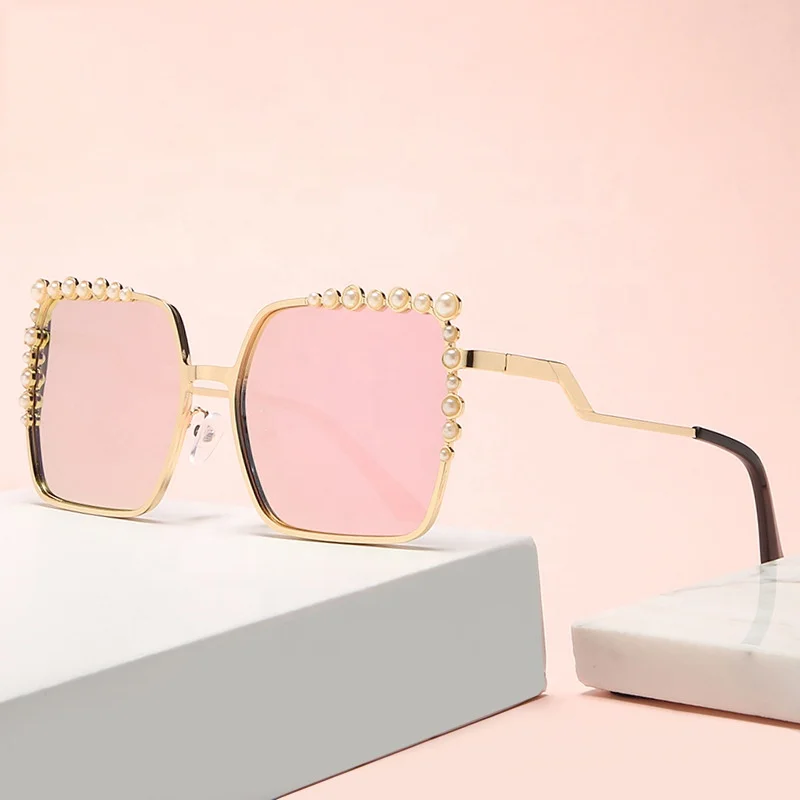 

2022 High Quality Newest Design Gradient Colors Sun Glasses Oversized Pearl Colorful Square Luxury Metal Sunglasses