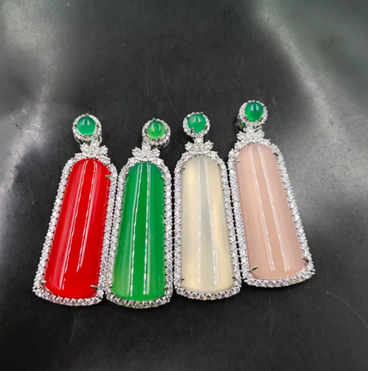 

jialin jewelry 2020ins Chinese agate jade green rectangle strip stone jade pendant necklace