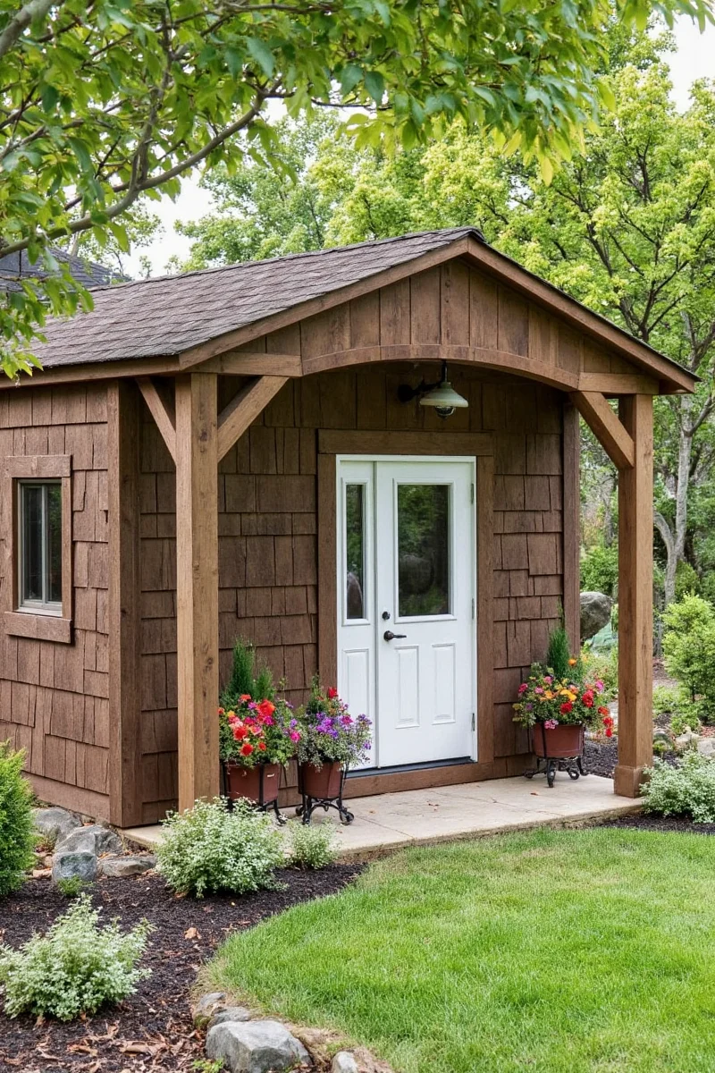 A rustic wooden garden shed surrounded by soft grass and a built-in pet bed made from weatherproof fabric.