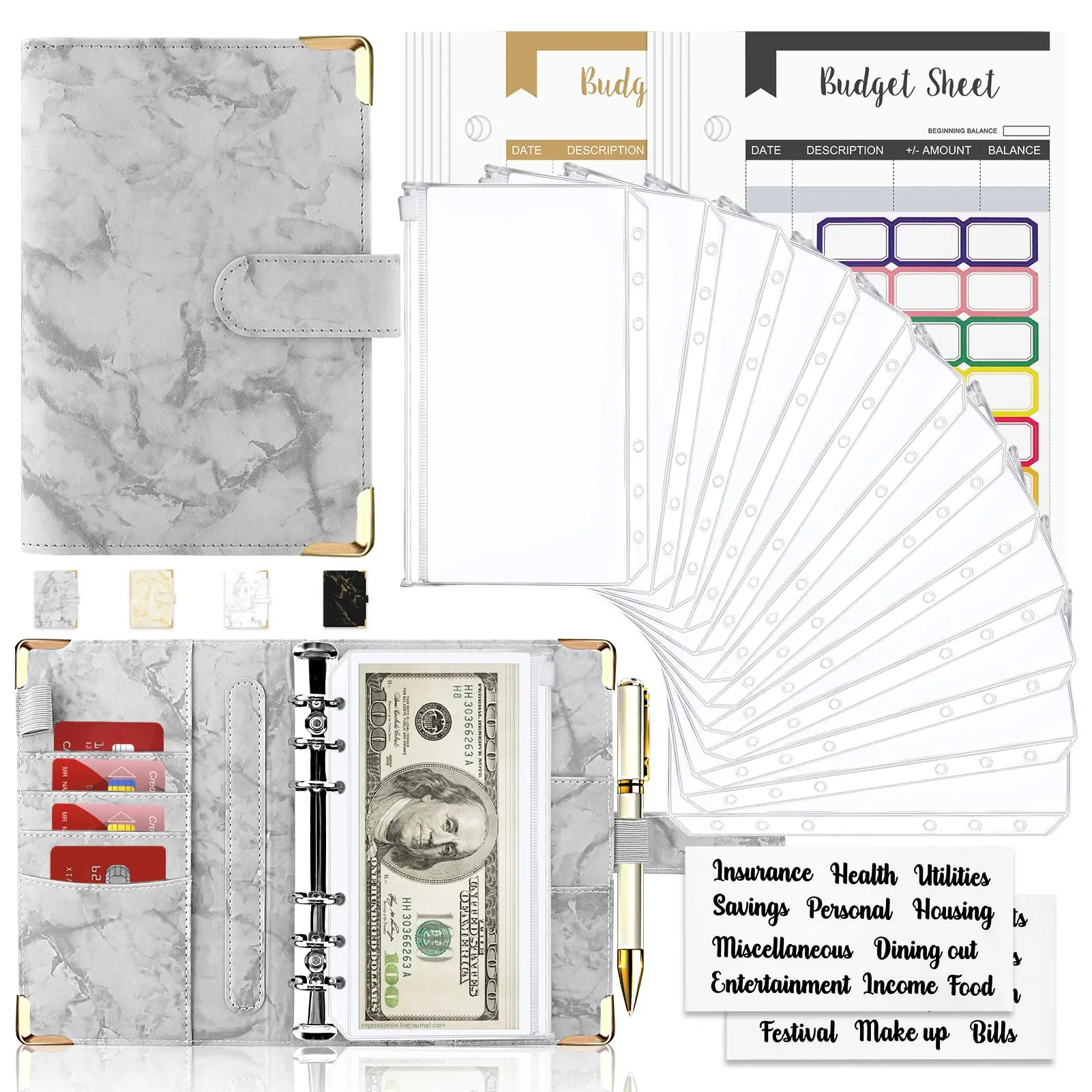 

Budget Binder Cash Envelopes for Budgeting Money Organizer for Cash Budget Binder with Cash Envelopes Marble 6-Ring Money Saving