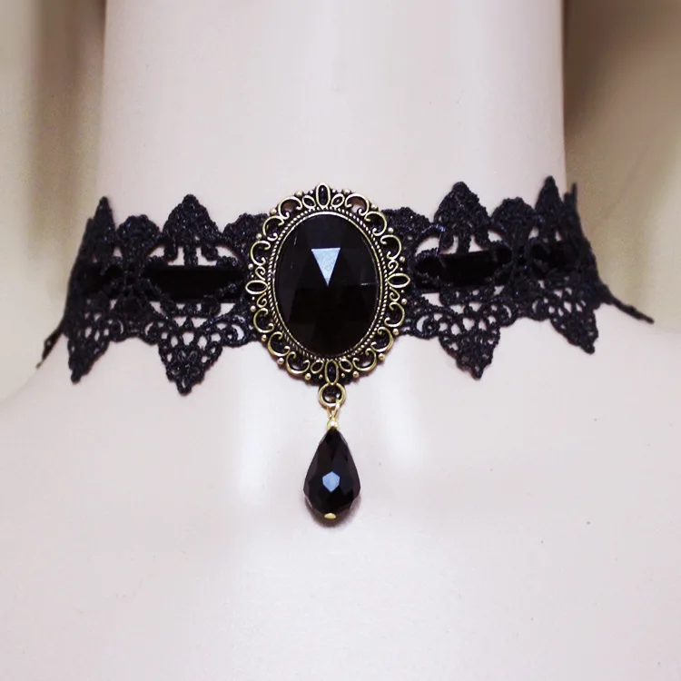 Gothic Choker Vintage Classic Black Oval Crystal Lace Beaded Collar Necklace UK 