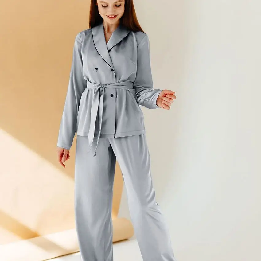 

Wholesale High quality solid color silk stain pajamas for ladies full sleeve homewear women pyjamas