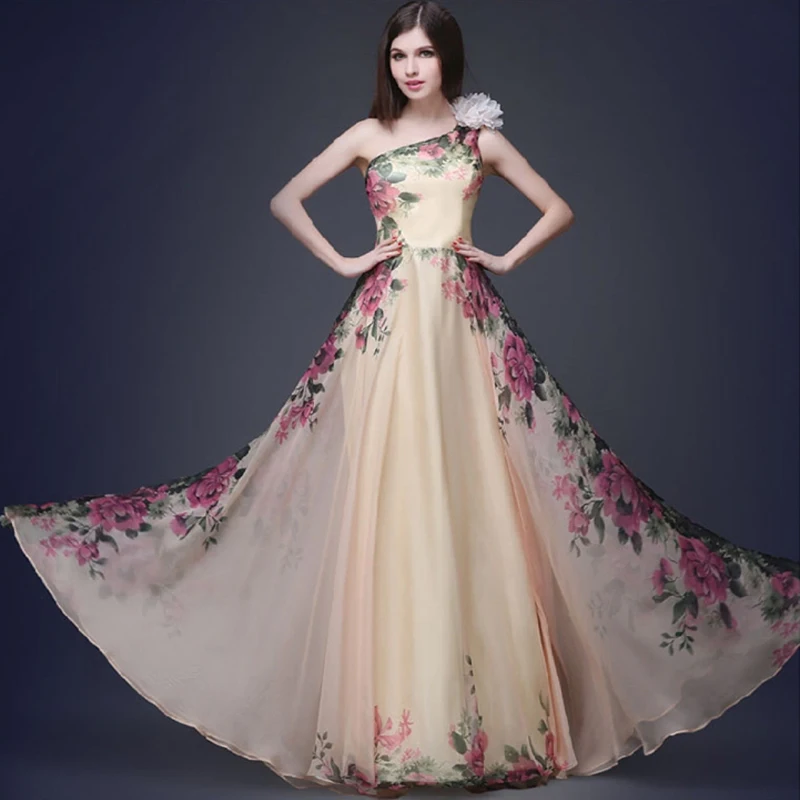 

Europe Fashion One Shoulder Floral Long Elegant Dresses Children Girl Party