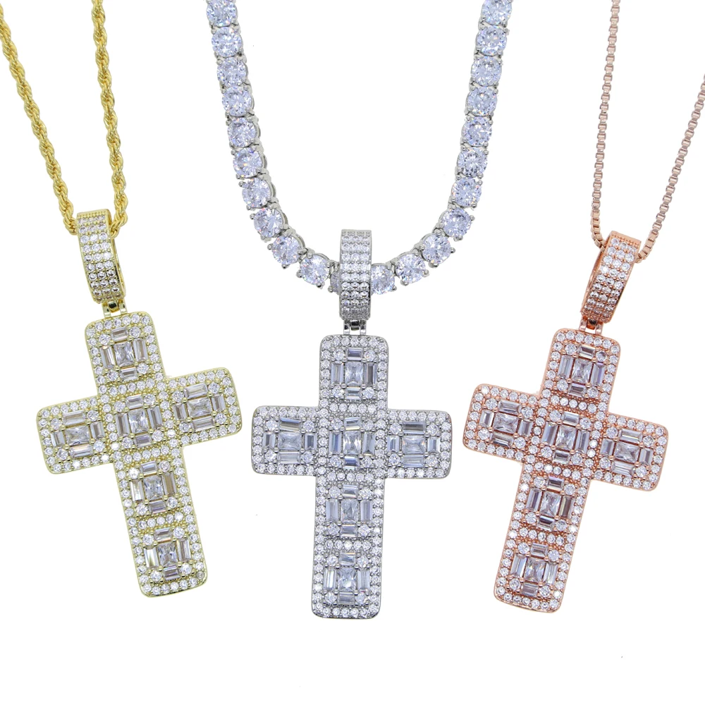 

hip hop jewelry 5A cubic zirconia cz bling diamond classic cross pendant rectangle cz cross men necklace