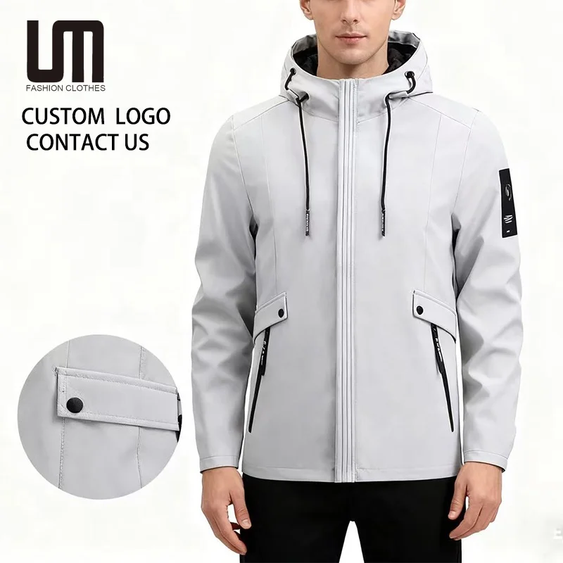 OEM ODM Autumn Winter Men's Plus Size Windbreaker Outerwear with Hood Custom Logo on Front Wholesale Jackets Coat