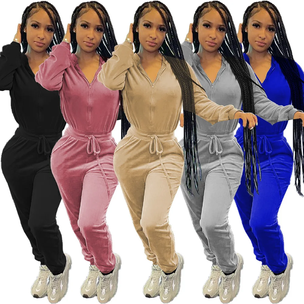 

2021 autumn Amazon recommended zipper drawstring Korean velvet casual jumpsuit