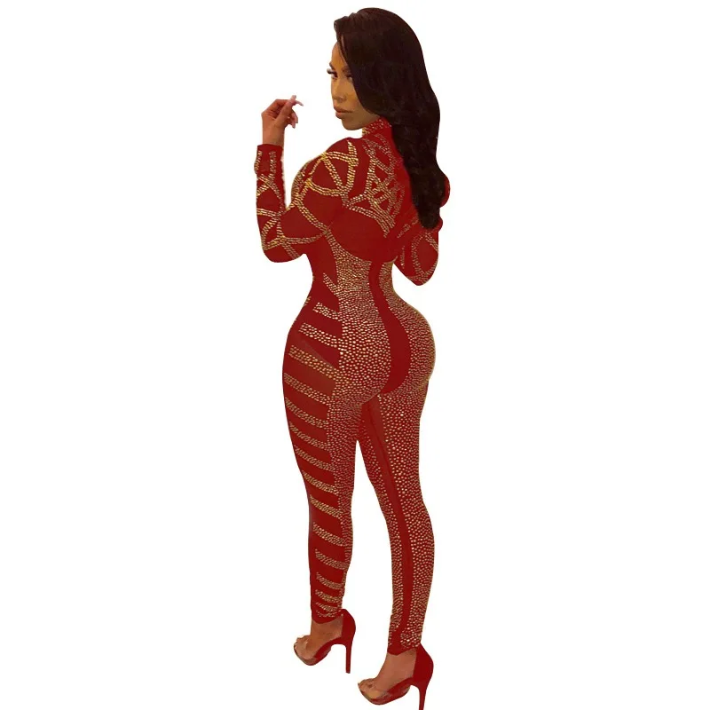 

Stand collar perspective mesh stitching sexy hot drill one piece women Jumpsuit