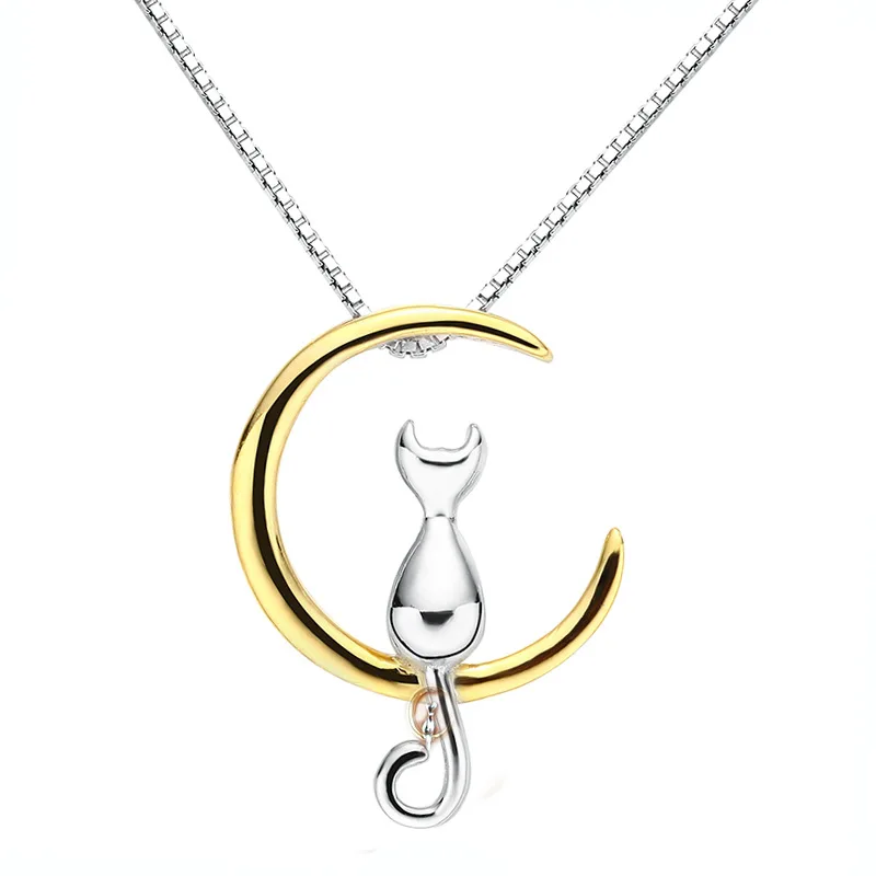 

Korean Style Birthday Gift 925 Silver Plated Lovely Moon Cat Pendant Necklace, Gold silver