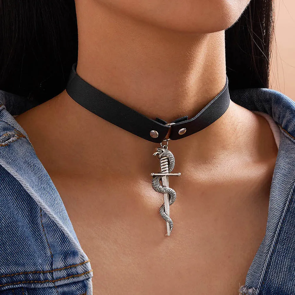 

Black leather necklace with choker dagger snake pendant necklace female hip hop charm chokers necklaces cool jewelry