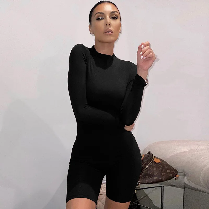 

women fashion playsuit hot sale neon rompers female elastic skinny bodysuits, Black