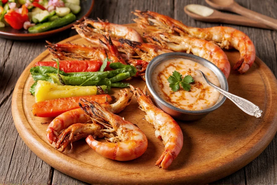 Chili aioli served alongside grilled seafood and vegetables on a wooden platter