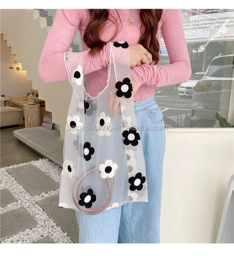 

Cute embroidery reusable organza foldable grocery tote bag crossbody shoulder handbag for summer