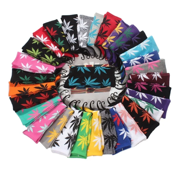 

Professional Manufacture Custom Colorful Maple Leaf Tube Sports Unisex Weed Leaf crew Socks, Mixed color