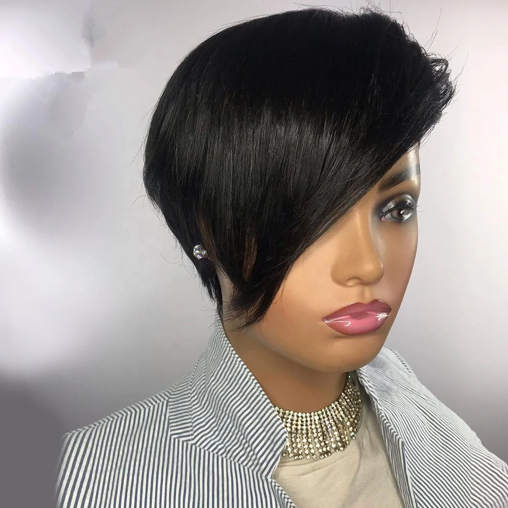 

Daily Wear Raw Indian Hair Vendor 4X4 Preplucked Lace Closure Wig Side Apart Short Bob Pixie Cut Wig Human Hair For Black Women