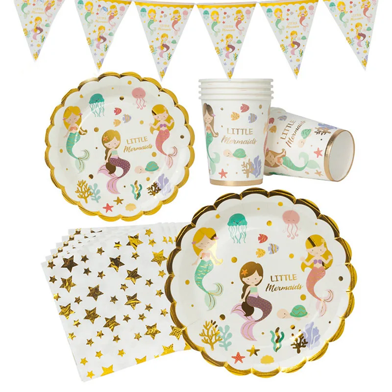 

Kid Birthday Decorations Favors Set Mermaid Party Supplies with Plate Banner Cup