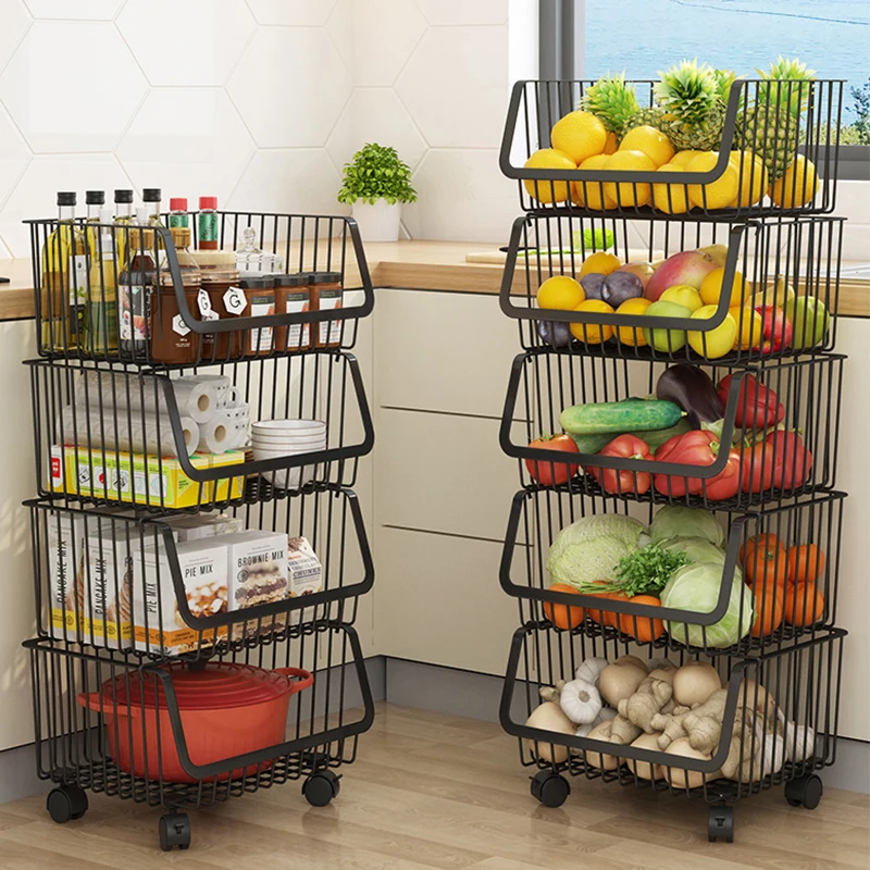 

Metal Wire Baskets Trolley 3-5 Tier Stackable Basket Organizers Bins Rolling Utility Cart Racks for Vegetable Fruit Kitchen