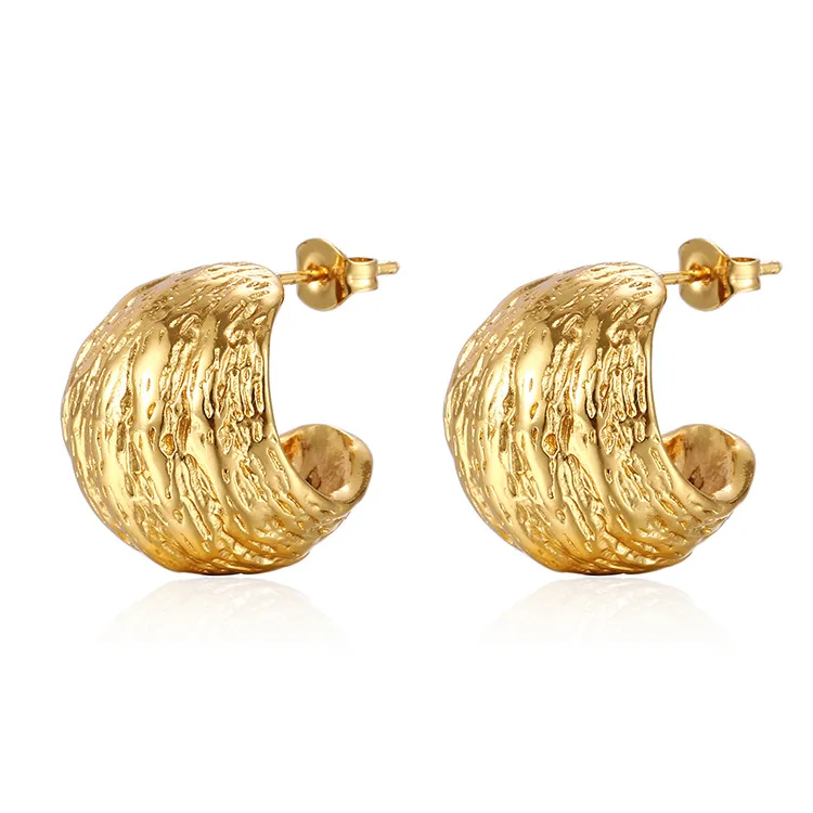 

Vintage Retro Thick 18K Gold Plated Hollow Stainless Steel C Shaped Open Hoop Earrings For Women