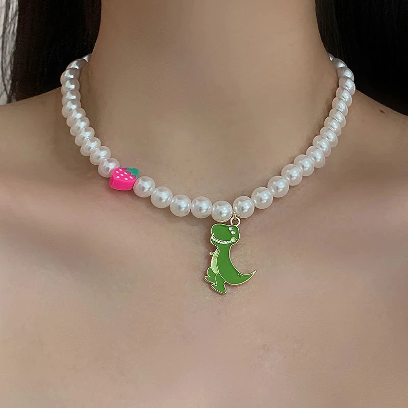 

Y2K Necklace Colorful Strawberry Beaded Necklace Beaded Indie Jewelry for Girls Women Dinosaur Pendamt Pearl Necklace