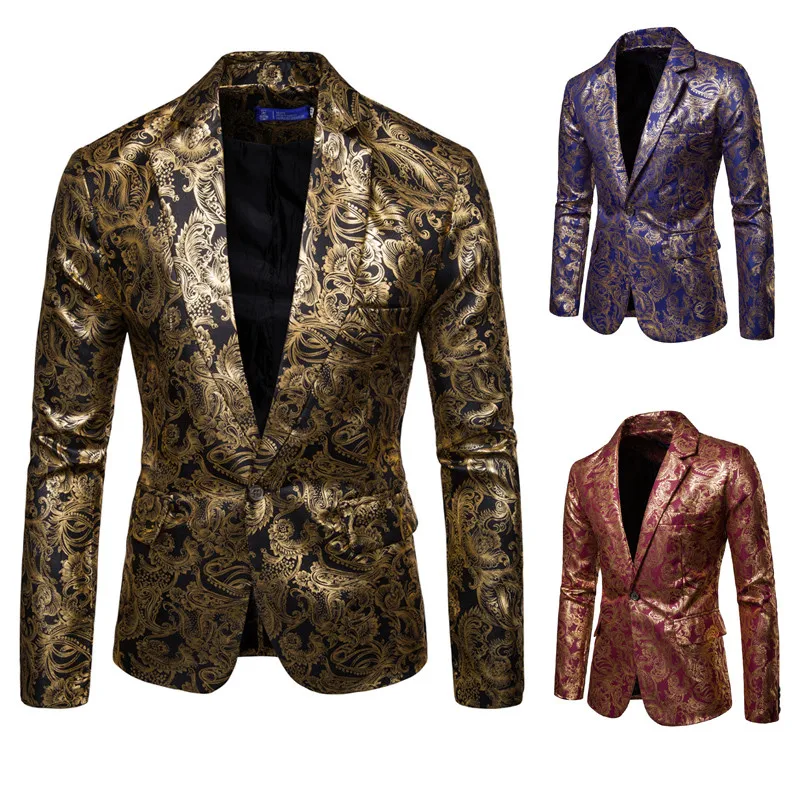 

2021 Men's Golden Floral Blazers Business Casual Suit Wedding Dress Gold Blazer