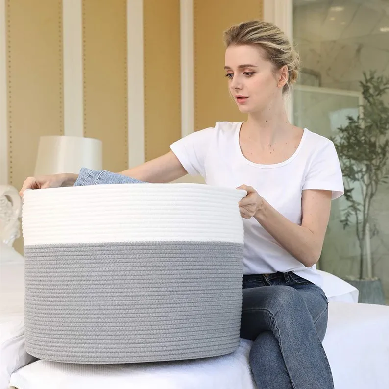 

wholesale Woven Rope Basket with Handles Collapsible Laundry Basket Cotton Storage Basket for felt toy basket, Multi