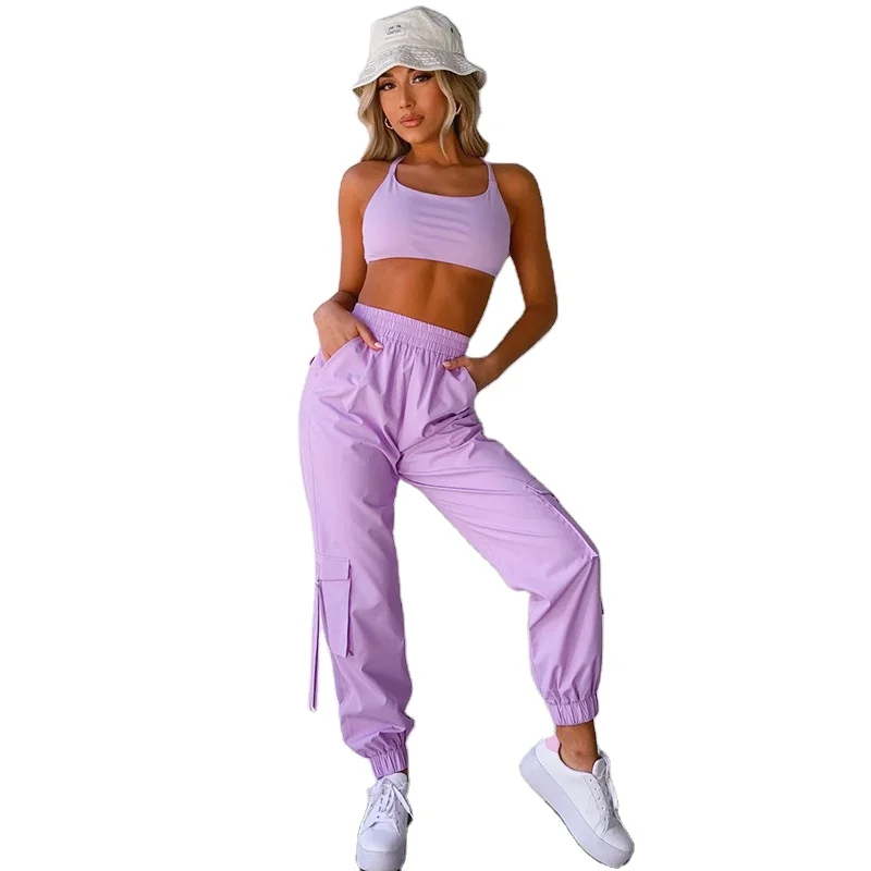 

custom summer 2 piece track suit sets women cargo tracksuit clothing halter and pants