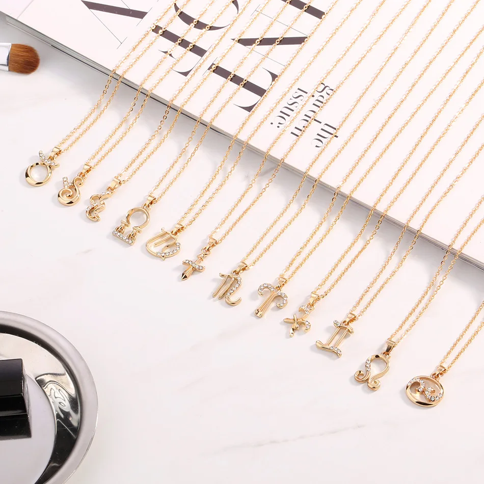 

Horoscope Clavicle 12 Constellation Chain Crystal Statement Short Choker For Women 18K Gold Plated Zodiac Sign Pendant Necklace