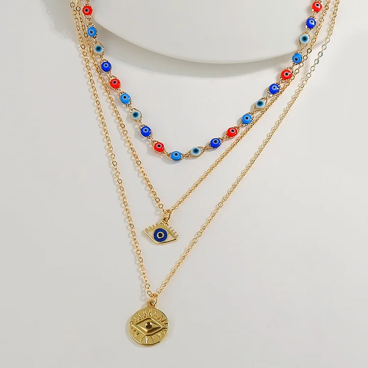 

18 k gold plated colorful enamel epoxy evil eye bead multi layer necklace