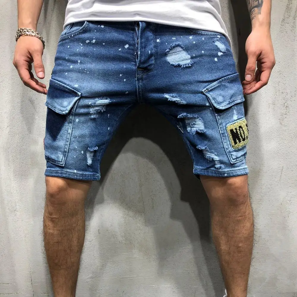 

Wholesale Men's Jeans New Style Ripped Slim Fit Badge Pants Biker Jean Shorts Men
